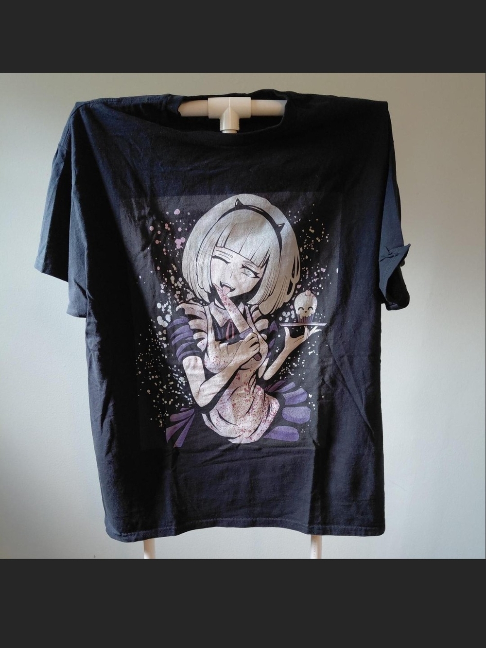 Spencer's Black Tee with Purple and White Anime Maid Graphic
